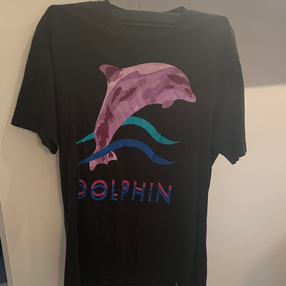 Pink Dolphin Black Tee with Purple Dolphin Graphic